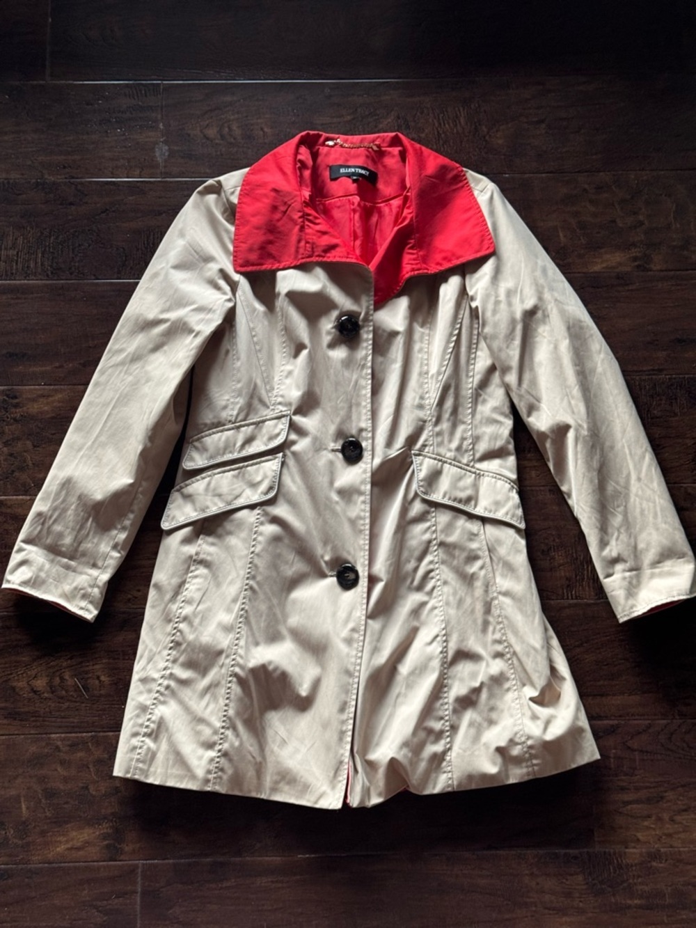 Ellen Tracy Trench Coat Red Detailing Button Closure Size Medium